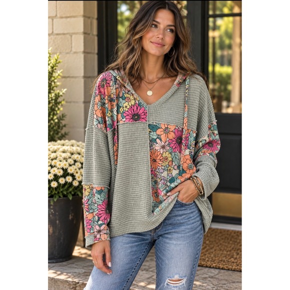 BiBi Tops - BiBi Sage Floral Patchwork Waffle Knit Hoodie Boho Long Sleeve Top